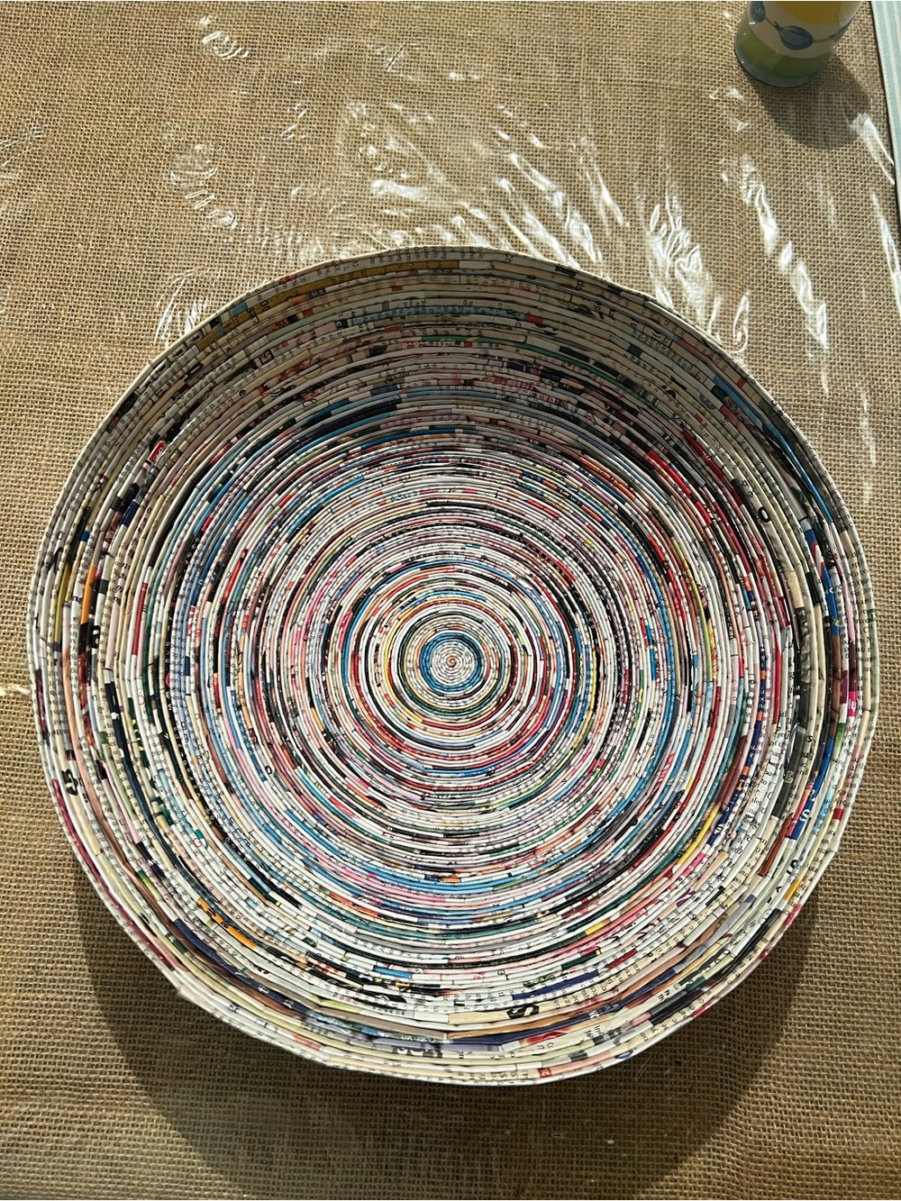 Handcrafted Coil Magazine Recycled Round Paper Bowl Folk Art